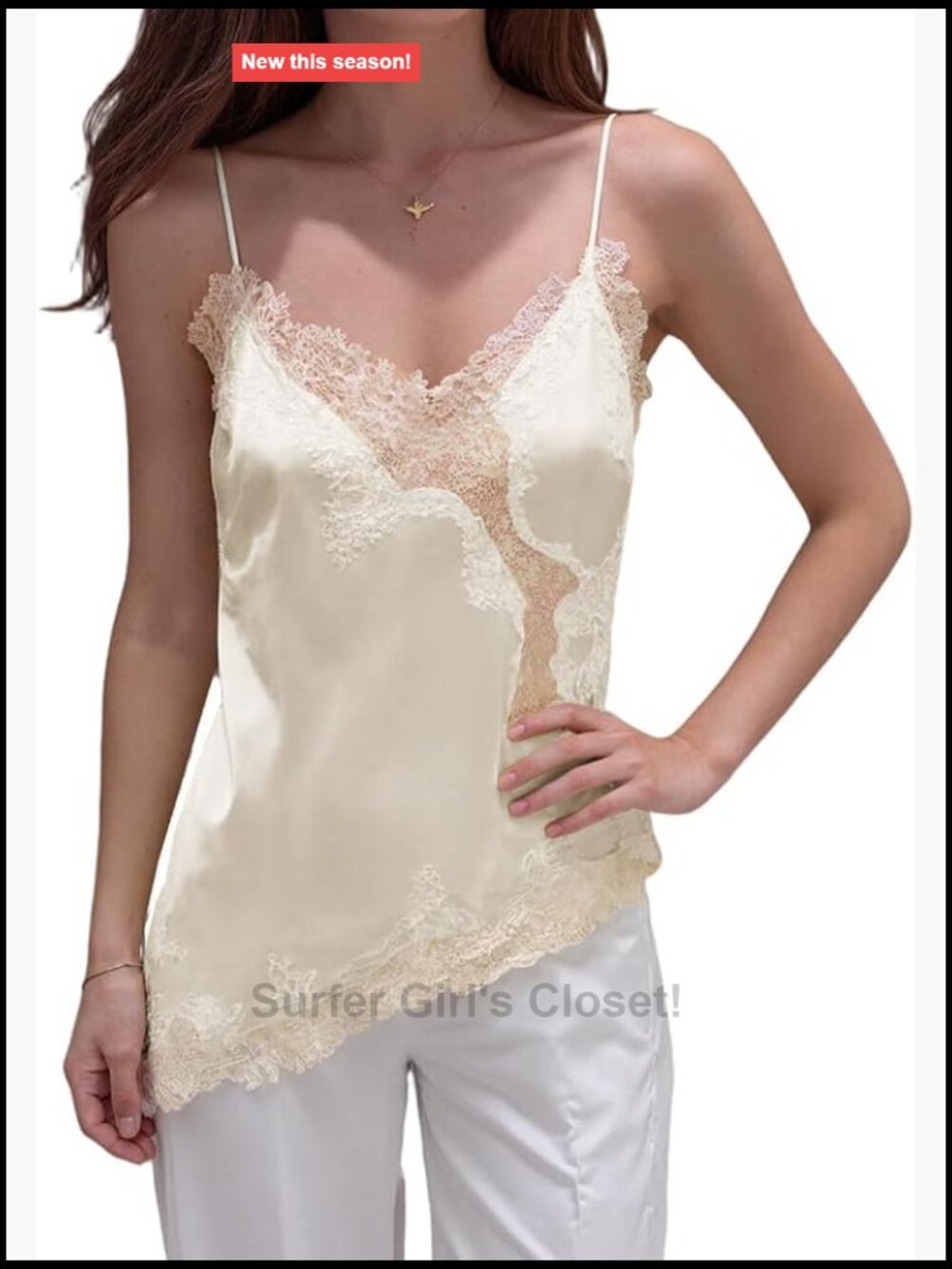 Women's Satin Lace Trim Spaghetti Strap V-Neck Asymmetrical Hem Cami Top Y2K